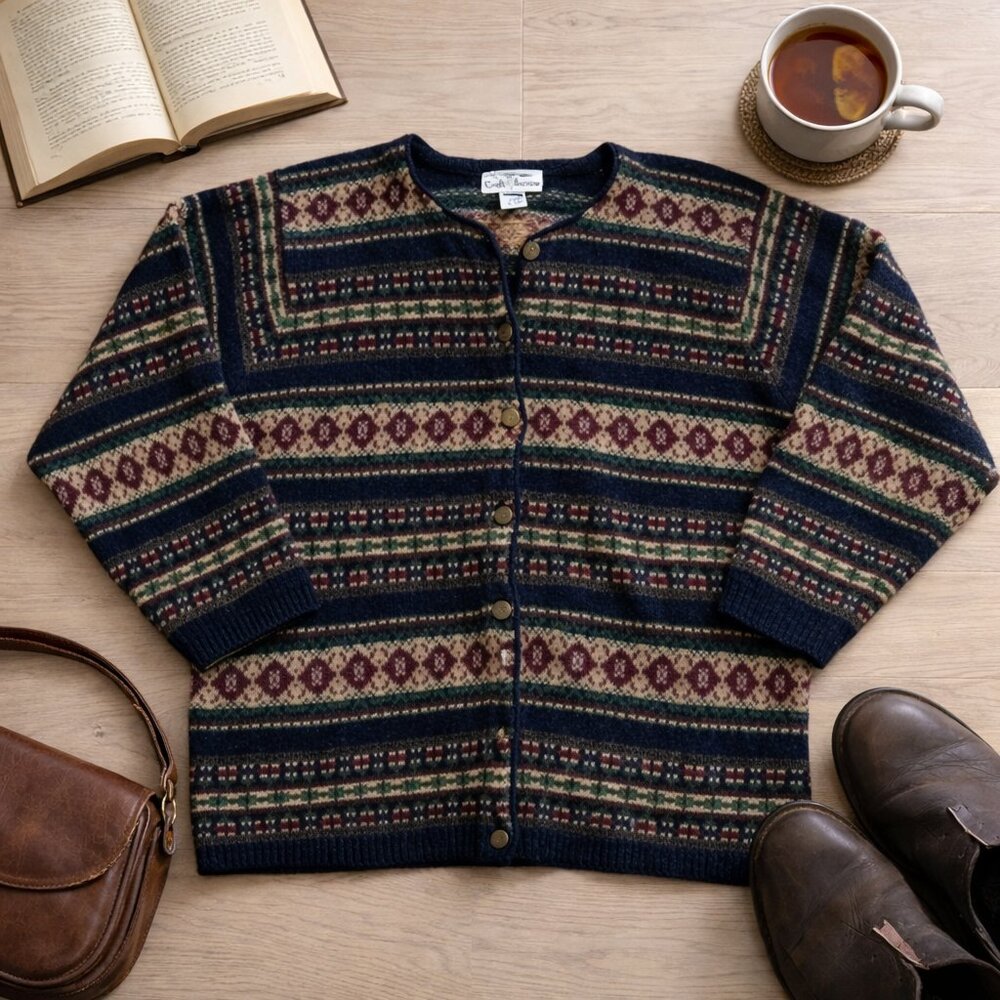 Vintage 80s Fair Isle Wool Cardigan W Large Nordic Grandpa Cottagecore Sweater